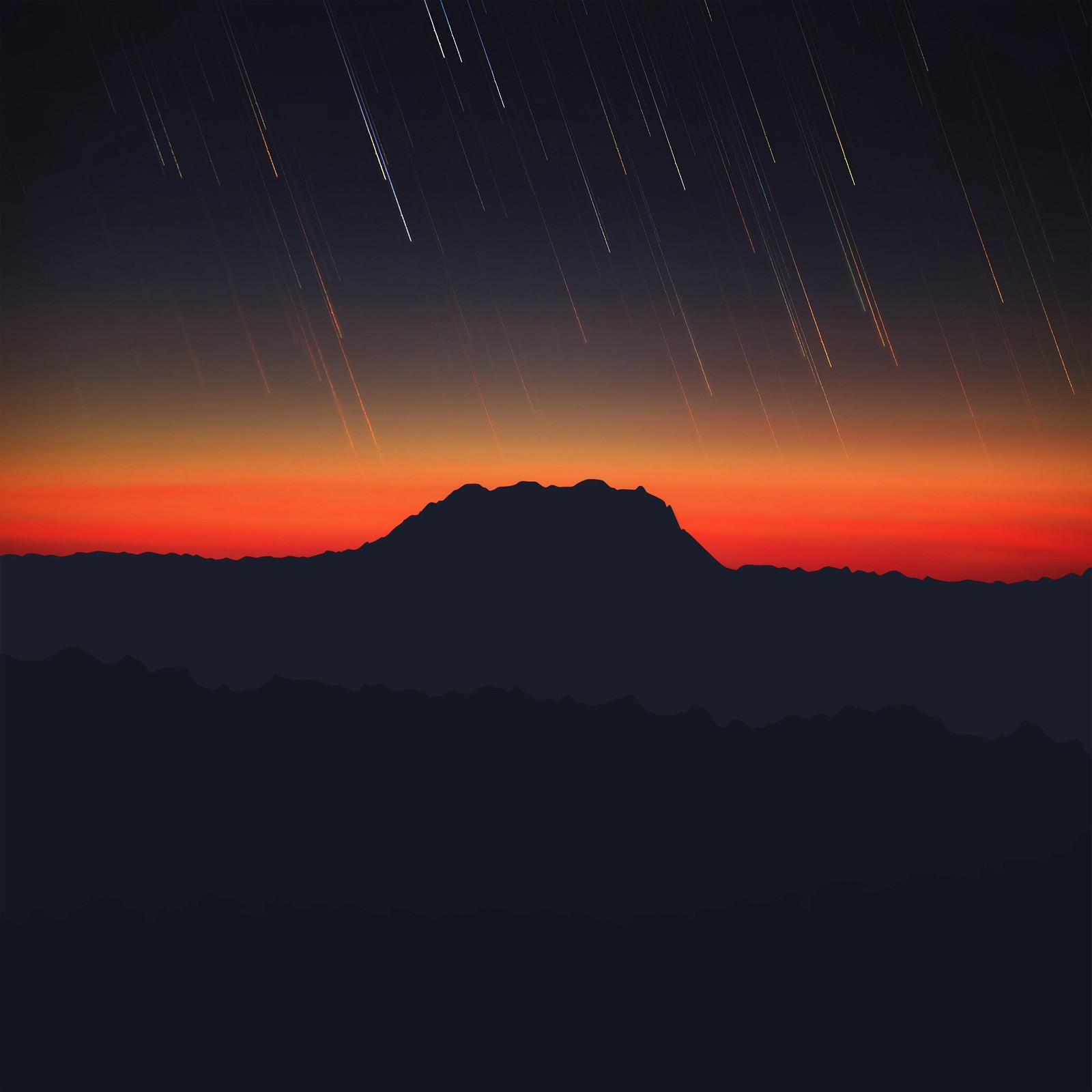 Arafed view of a mountain with a star trail in the sky (color, mountains, orange, sky, starry)