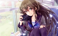 Fille d'anime avec des cheveux bruns capturant des moments avec un appareil photo