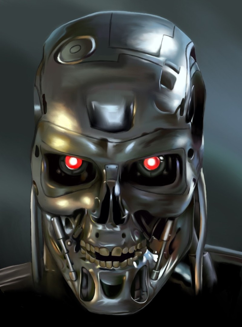 Крупный план головы робота с красными глазами (терминатор, terminator, скайнет, skynet, the terminator)