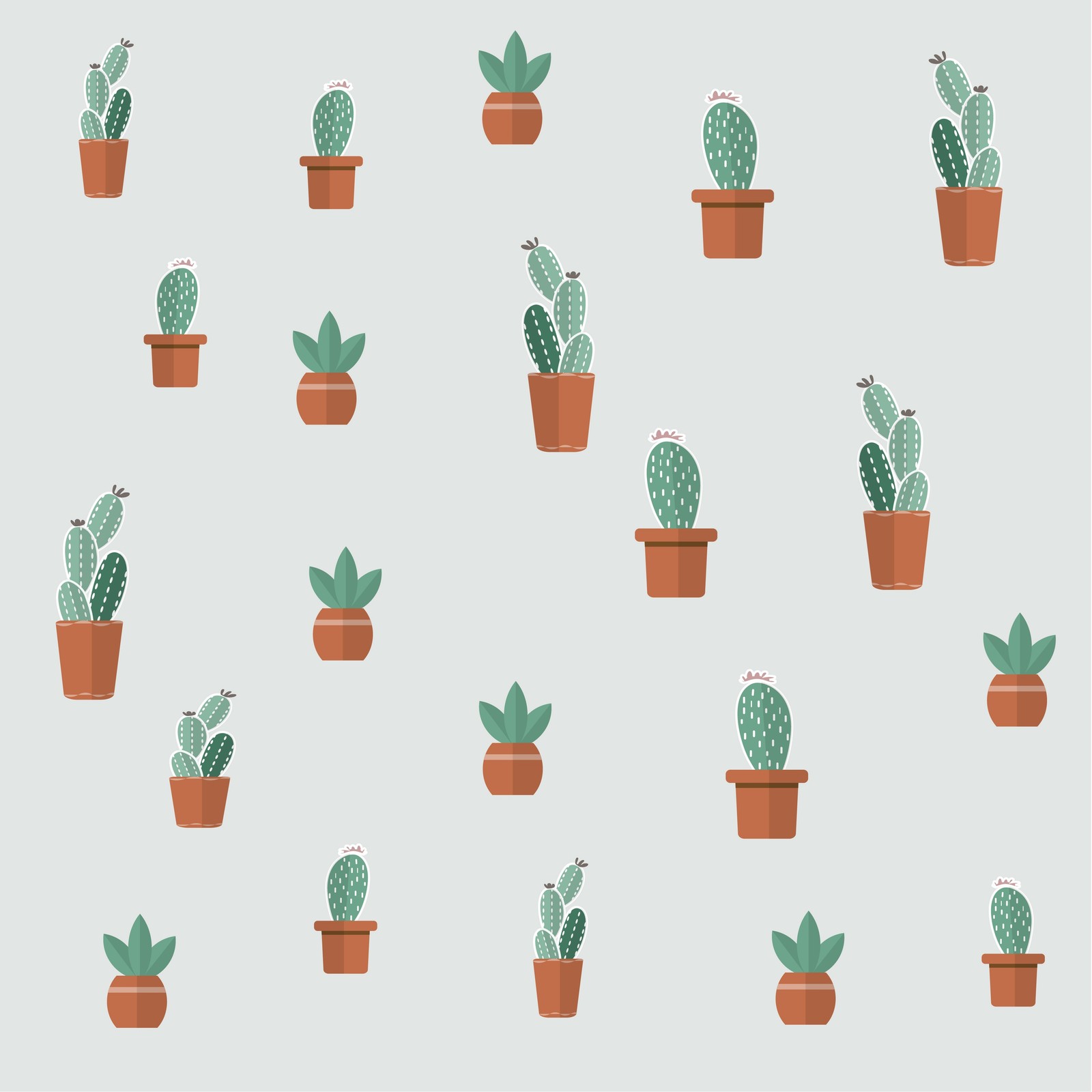 A close up of a pattern of cactus plants in pots (succulent plant, flowering plant, plant, flowerpot, green)