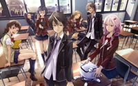 Charakterensemble aus Guilty Crown: Inori Yuzuriha und Freunde in Schuluniform