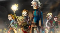 Rick Sanchez et Morty Smith, accompagnés d'alliés, se préparent pour une bataille contre une horde de zombies dans une scène animée vibrante et pleine d'action.