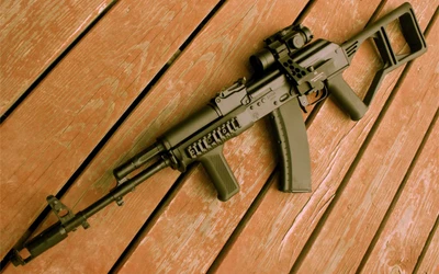 AK-74 Assault Rifle on Wooden Surface