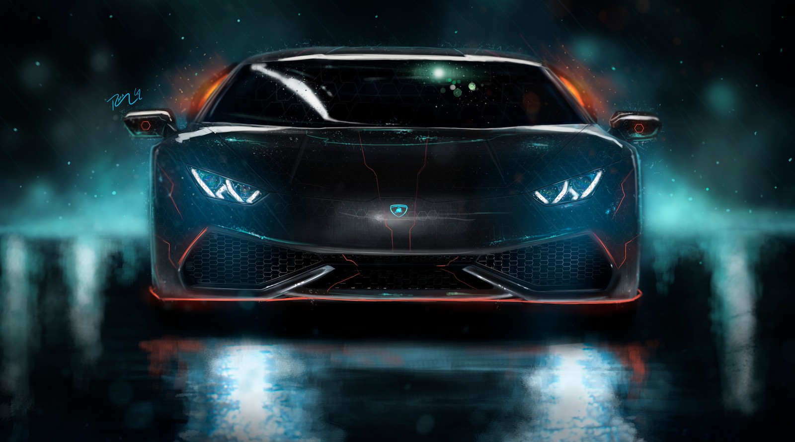 Близкий план автомобиля с ярким светом на нем (ламборгини уракан, lamborghini huracan, неон, индивидуальная настройка, цифровое искусство)