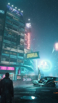 Paysage urbain cyberpunk : Tours néon et design automobile futuriste