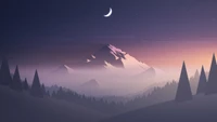 Crescent Moon Over Misty Mountain Range at Dawn