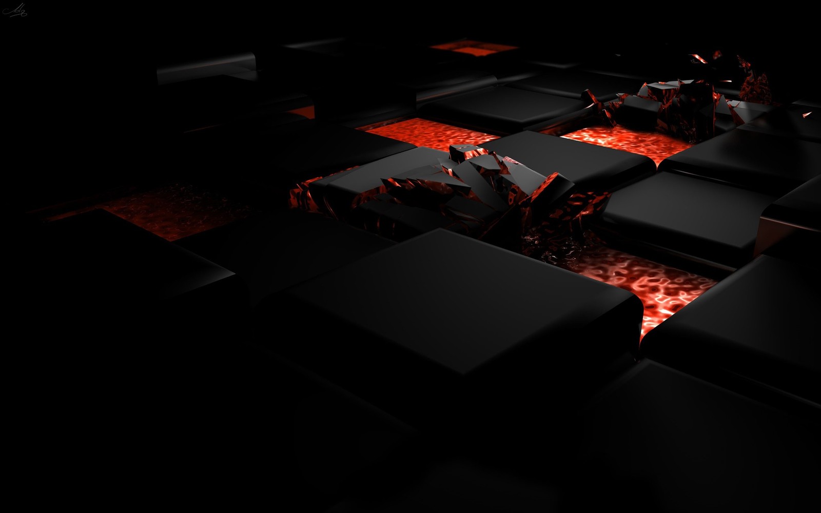 Es gibt viele schwarze und rote quadrate in der dunkelheit (schwarz, rot, licht, 3d computergraphik, nacht)