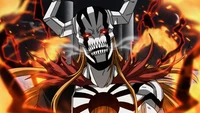 Ichigo Kurosaki in his Hollow form, surrounded by fiery energy and dynamic lightning effects.