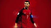 Cristiano Ronaldo en tenue du Portugal avec un fond rouge dynamique.