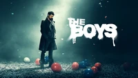 Billy Butcher au milieu de ballons colorés et de confettis, se tenant sous un projecteur dramatique de "The Boys".