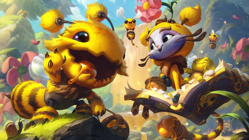 A painting of a bee and a bee with a bunch of bees (bee, kogmaw, yuumi, beemaw, yuubee)