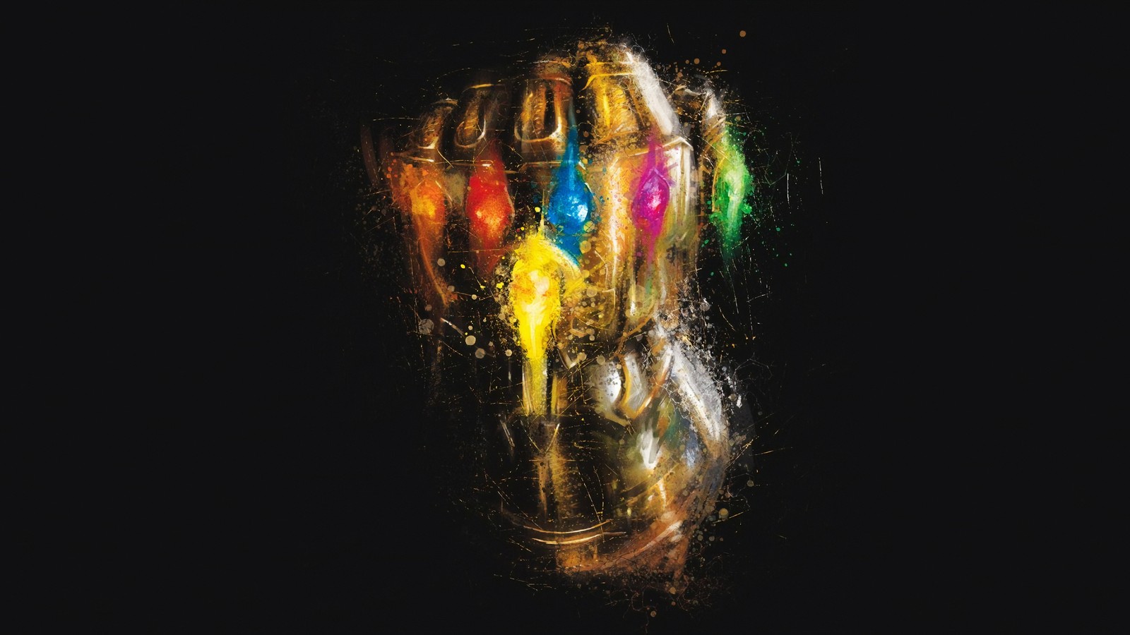 A painting of a glove with a bunch of colored paint on it (avengers endgame, movie, infinity gauntlet)