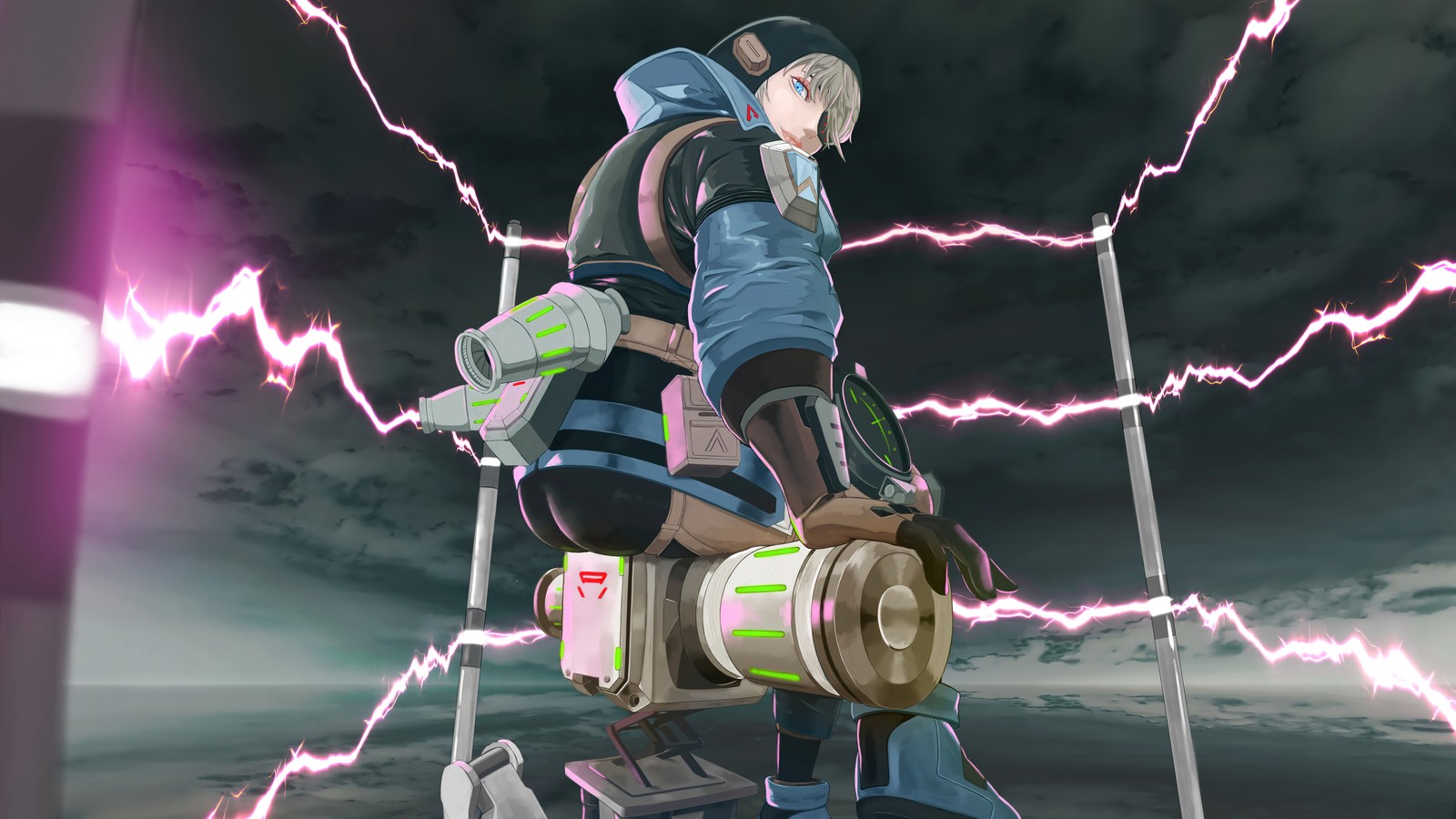 A close up of a person on a skateboard with a lightning in the background (wattson, apex legends, video game, art)