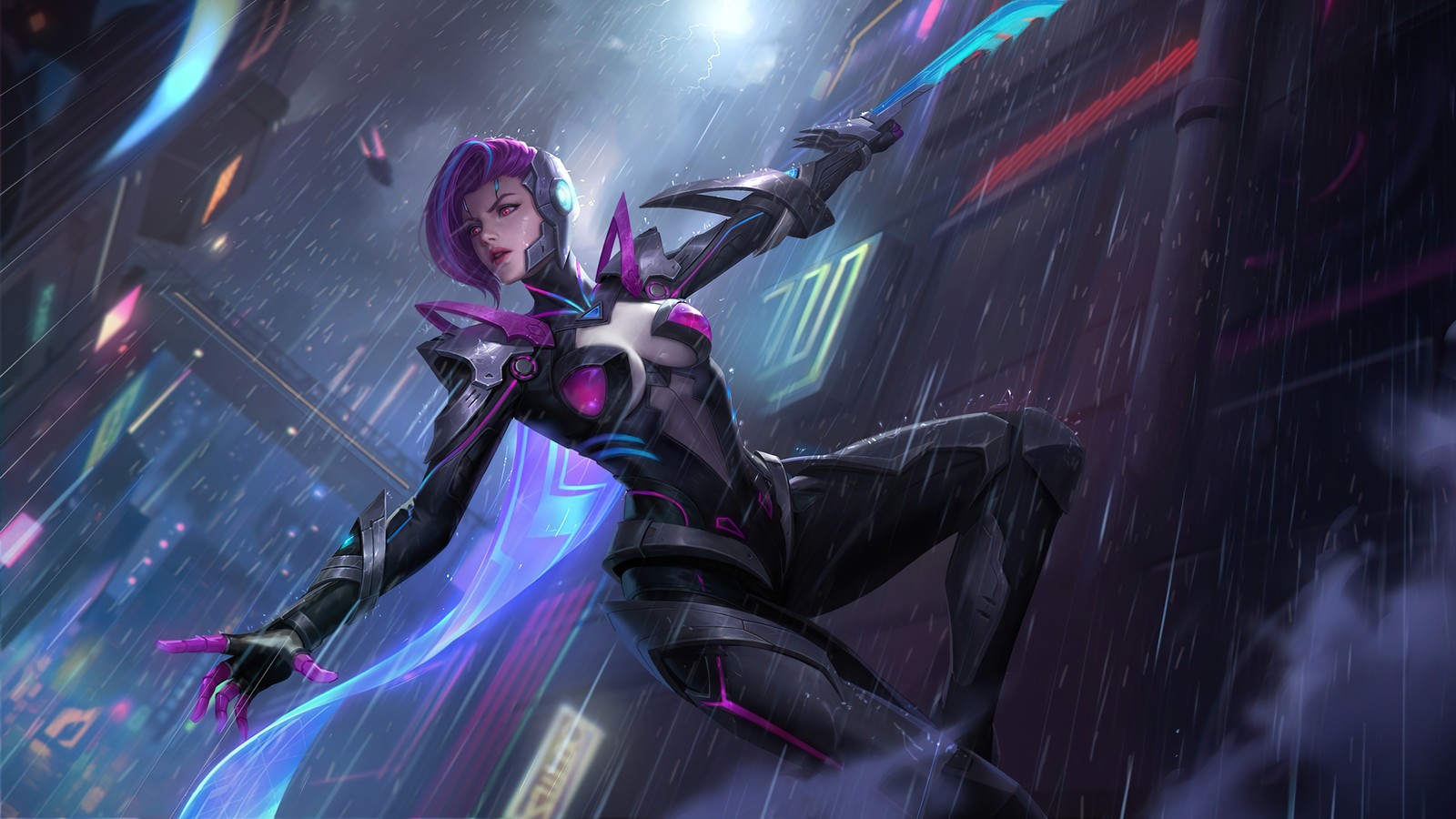 Une femme en costume futuriste volant dans les airs (natalia, étrangleur sinistre, mobile legends, bang bang, mlbb)