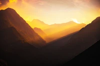 valley, golden hour, sunlight, mountains, landscape wallpaper