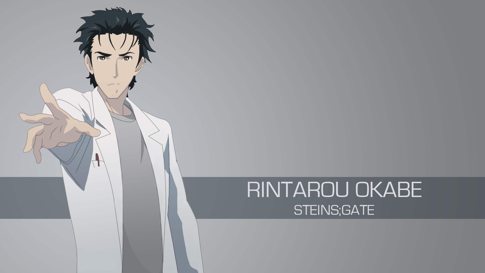 Un hombre en un abrigo blanco señalando algo con su dedo (rintaro okabe, steinsgate, anime, fondo de pantalla 4k)