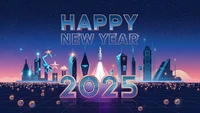 Celebración futurista: Feliz Año Nuevo 2025 en un paisaje urbano de neón