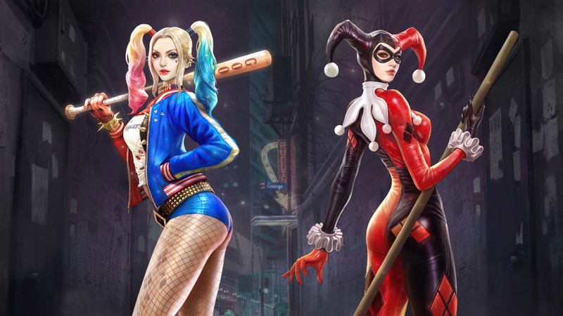 Две женщины в костюмах держат биты и летучих мышей (harley quinn, dc comics, антигерой, комиксы, антигерои)