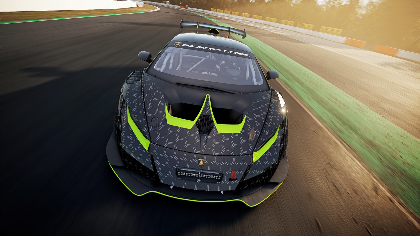 Un lamborghini en la pista con una franja verde y negra (lamborghini huracán super trofeo evo2, lamborghini squadra corse, lamborghini esports, coches de carreras, pista de carreras)