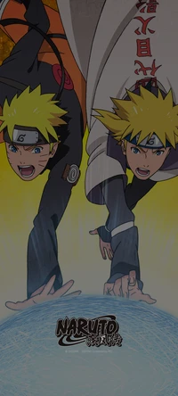 Dinámico Naruto Uzumaki y Minato Namikaze alcanzando una esfera de chakra en espiral, capturando su determinación y conexión en un vibrante arte de anime.