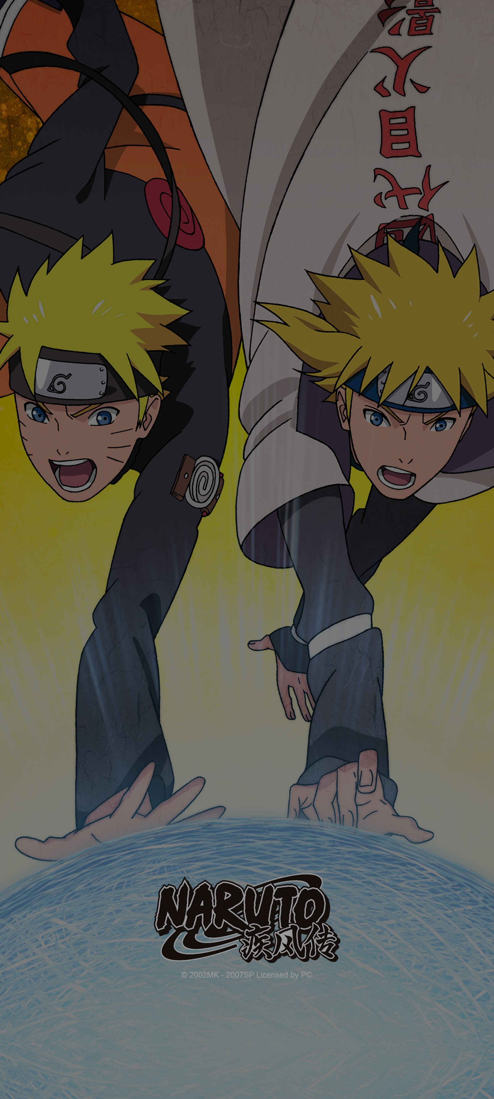 Póster de anime de dos jóvenes con los brazos alrededor el uno del otro (naruto, realme, naruto shippuden, minato namikaze, naruto uzumaki)