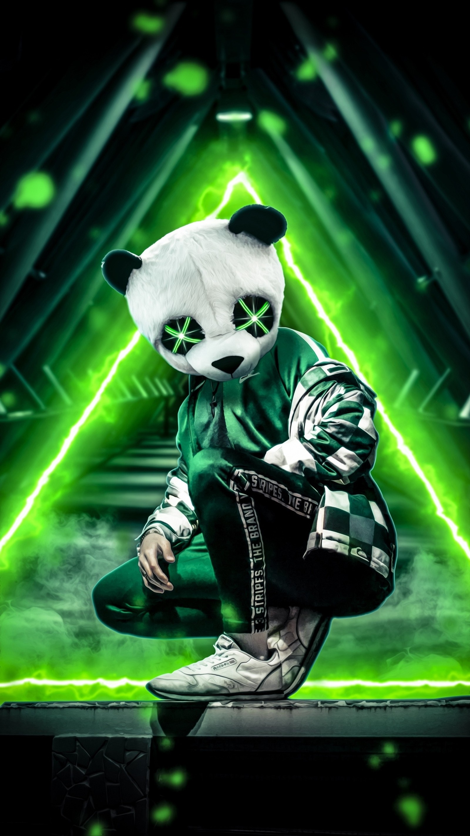 A close up of a person in a panda suit with a skateboard (green, neon, panda)