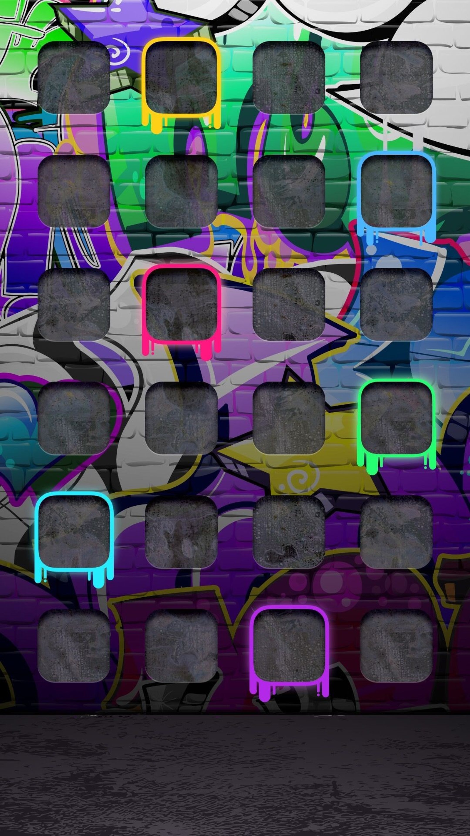 Graffiti on a wall with a bunch of square frames in the middle (iphone, wallpaper, ios, iphone xs max, xs)