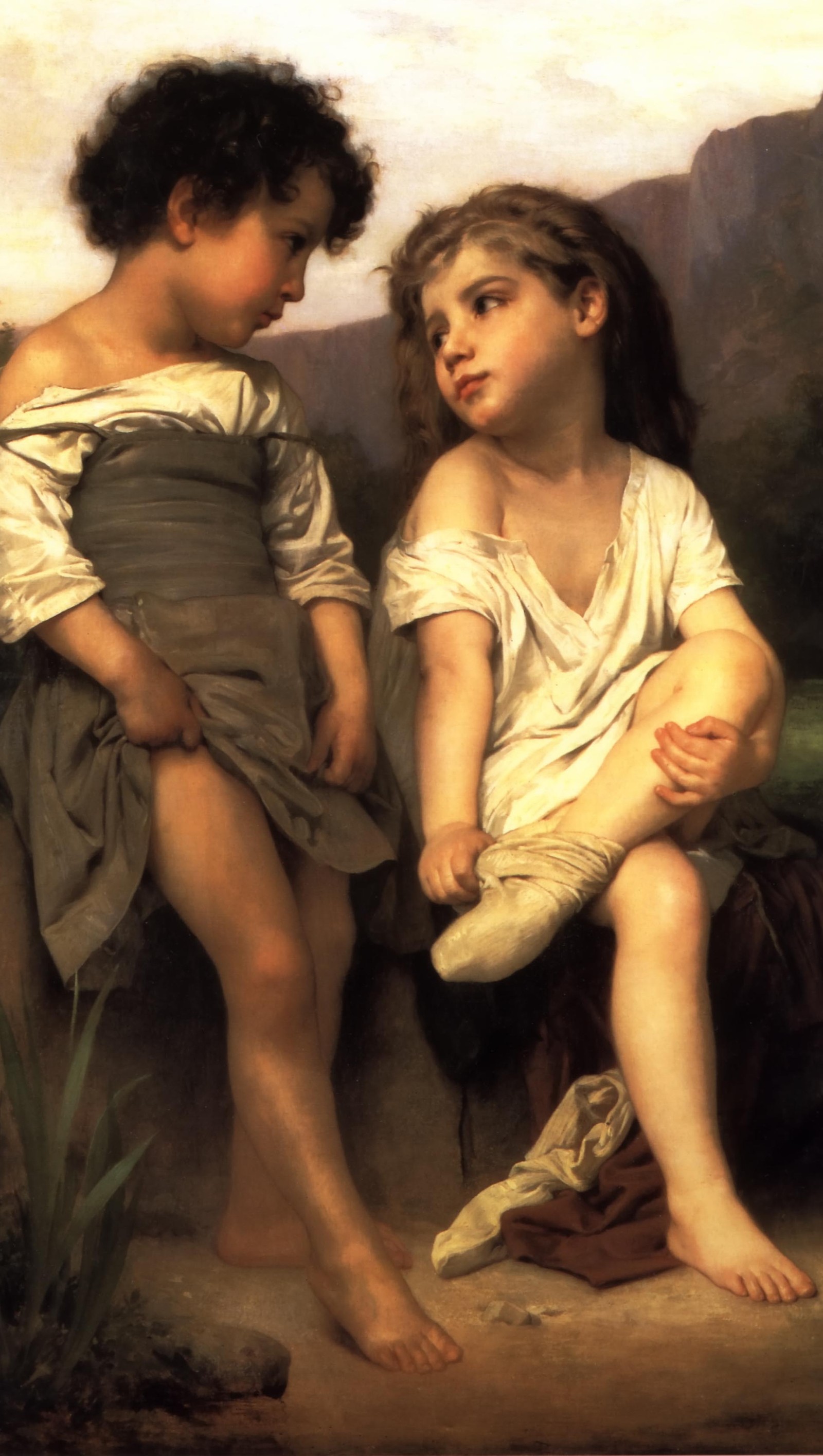 Painting of two children sitting on a rock in a field (love, william)