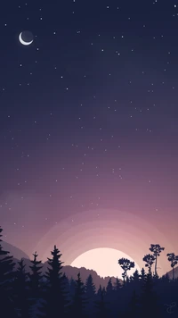 Serene Nightfall: Vector Landscape with Moon and Stars