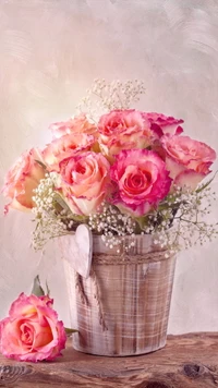 Vintage Pink Roses in Heart-Embellished Pot