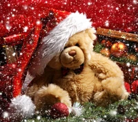 Festive Teddy Bear in a Santa Hat Surrounded by Christmas Decorations and Snow.