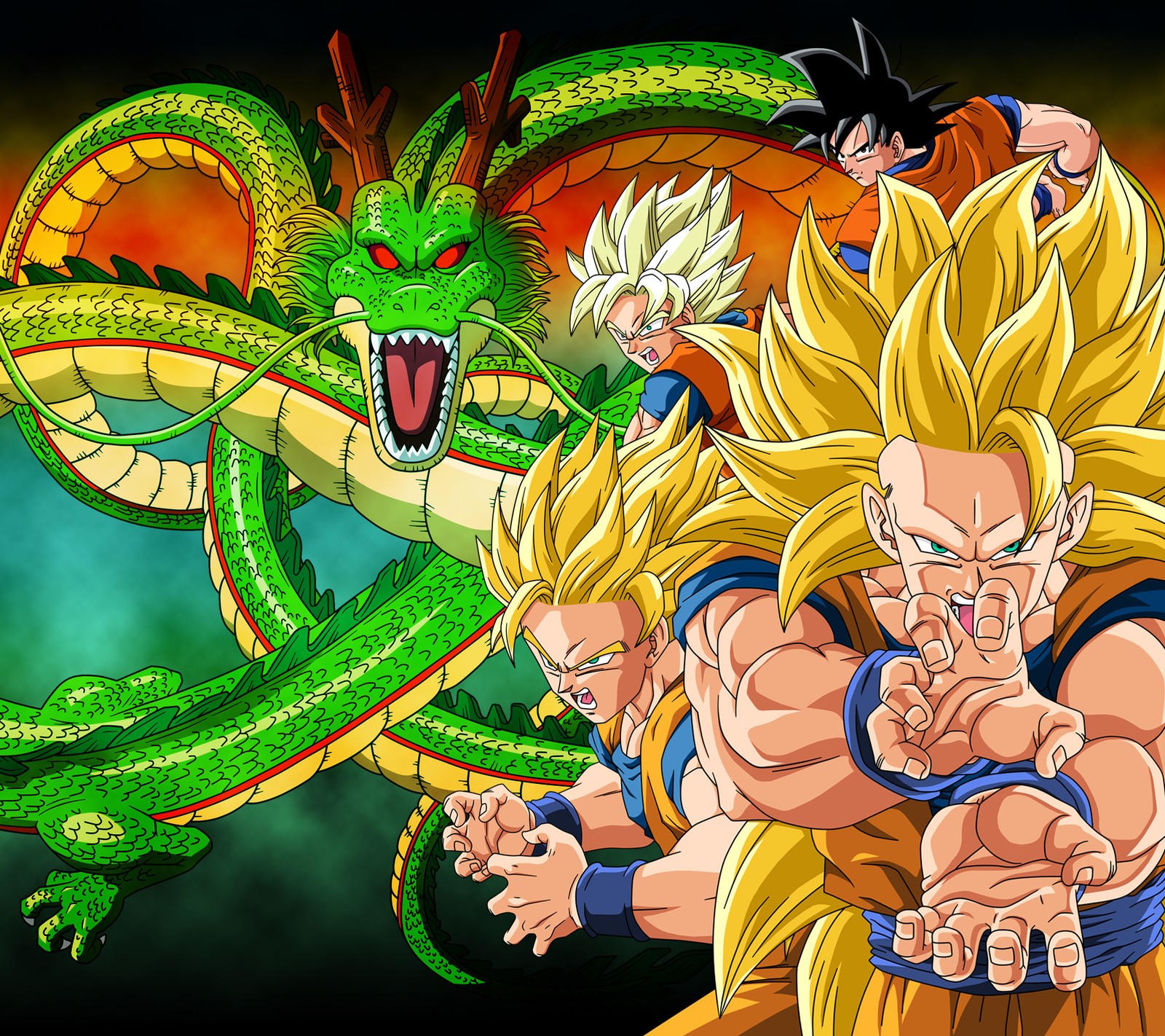 Dragon ball goku and gohan fighting over a green dragon (anime, ball, db, dbgt, dbs)