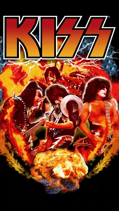 Banda de rock legendaria KISS en una actuación ardiente