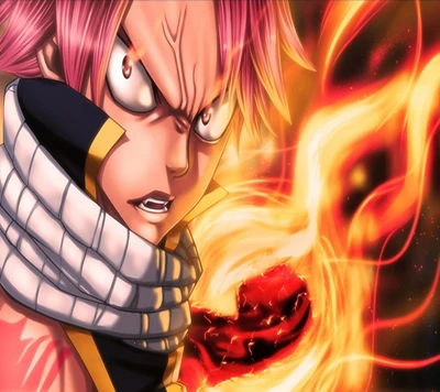 Natsu Dragneel entfesselt seine feurige Kraft in einer dynamischen Pose und zeigt Entschlossenheit und Stärke.