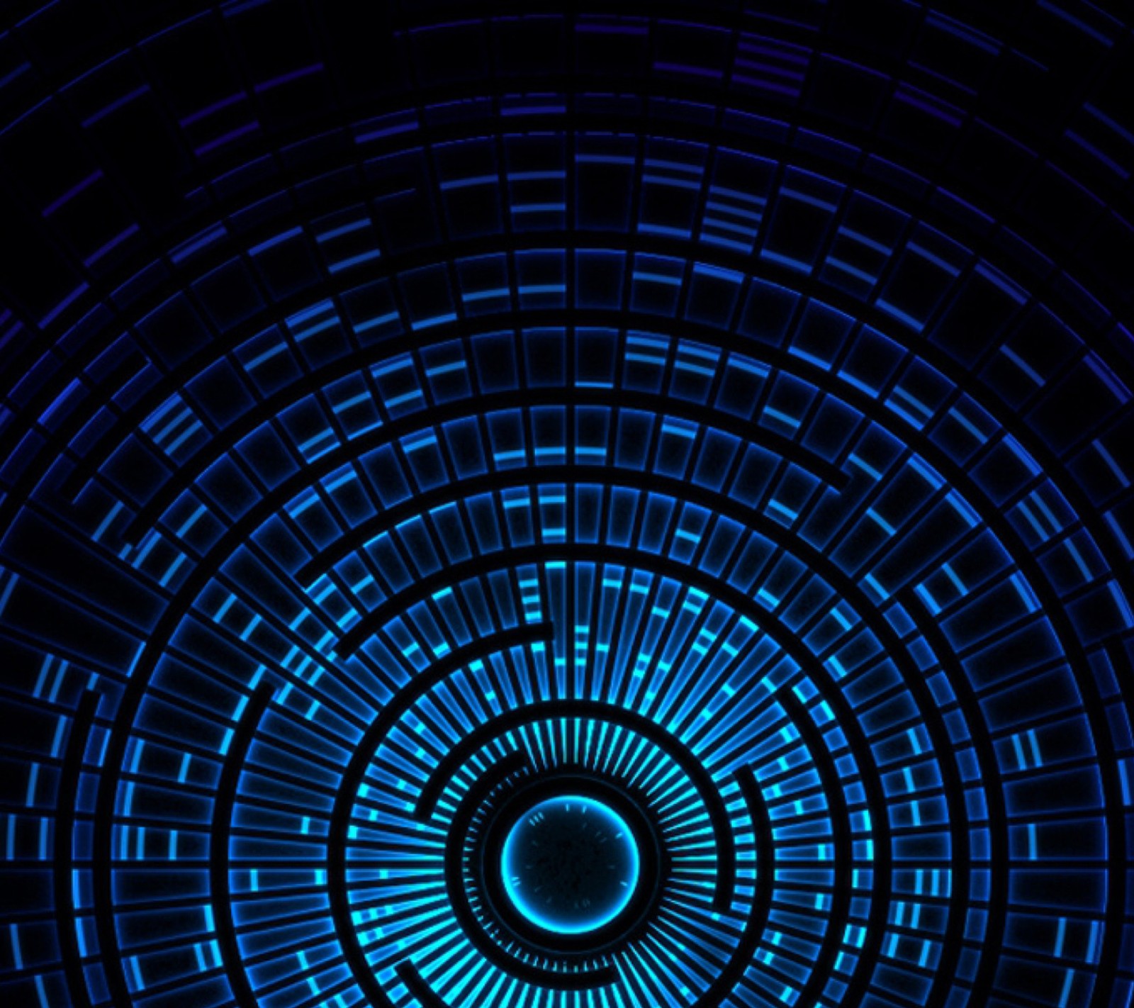 A close up of a circular blue light in a dark room (blue, cool, cyan, design, digital)