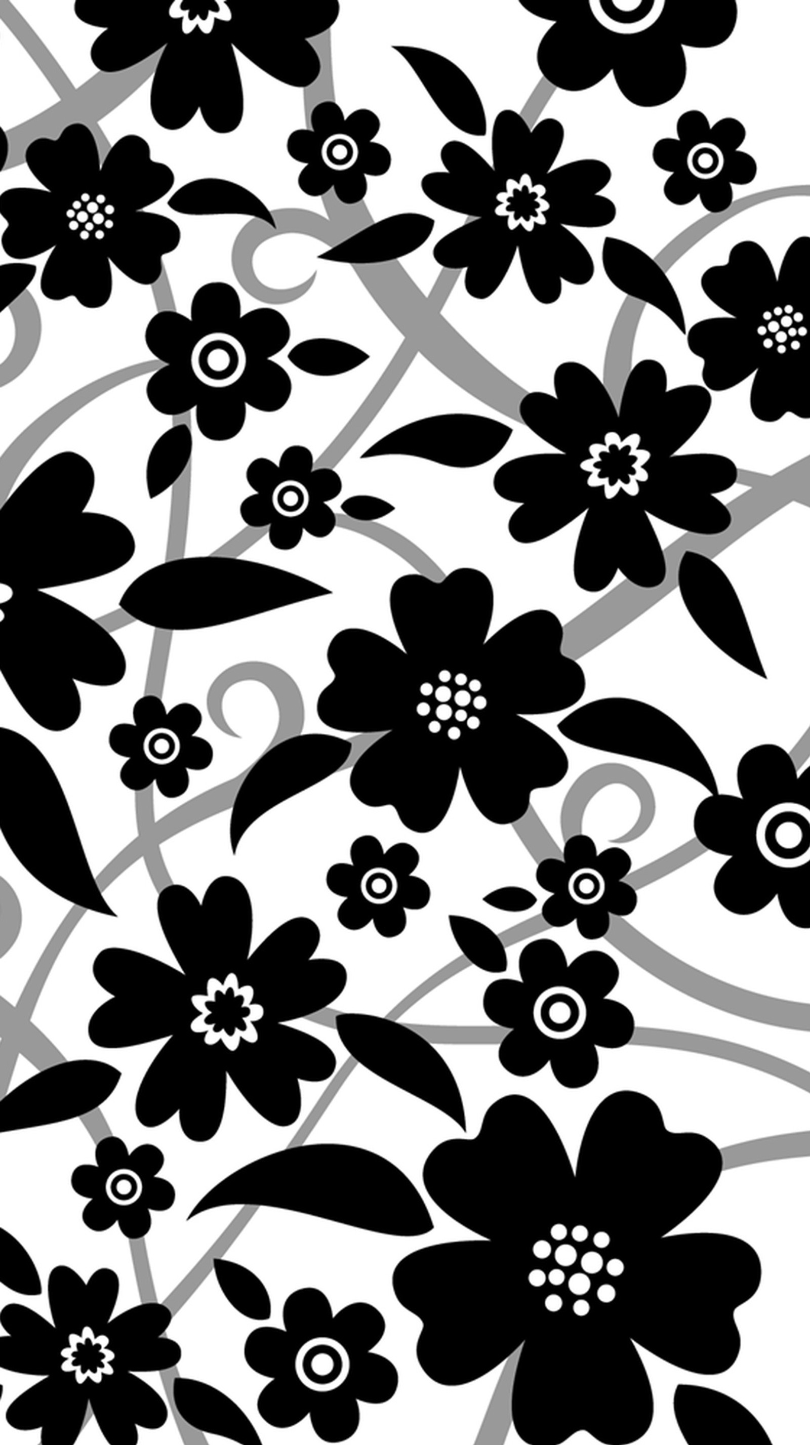 Un patrón floral en blanco y negro con espirales y flores (abstracto, flores)