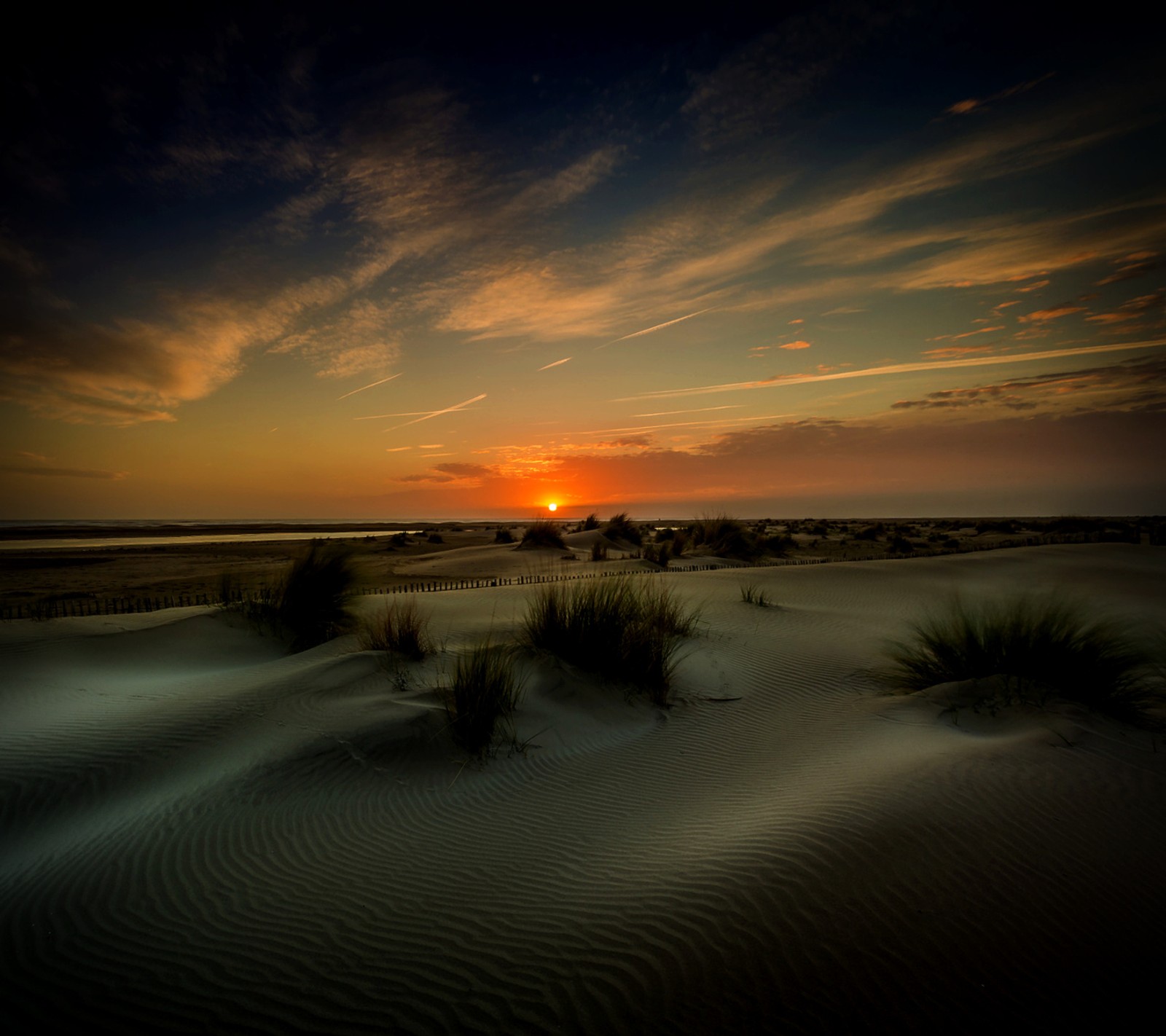 Vista arafed de um pôr do sol sobre uma praia de areia com grama (deserto, por do sol)