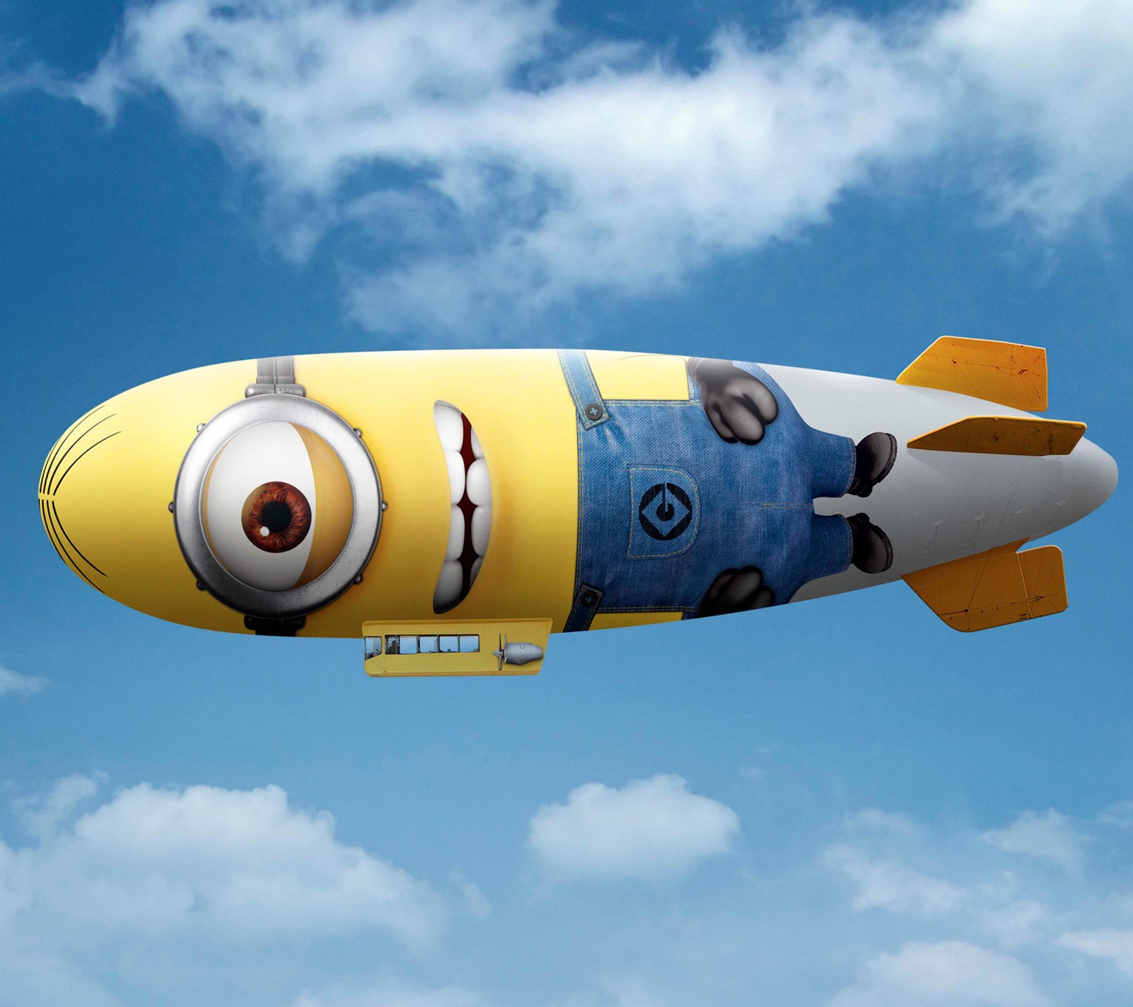 A close up of a yellow and blue balloon with a cartoon character on it (despicable me, minions)