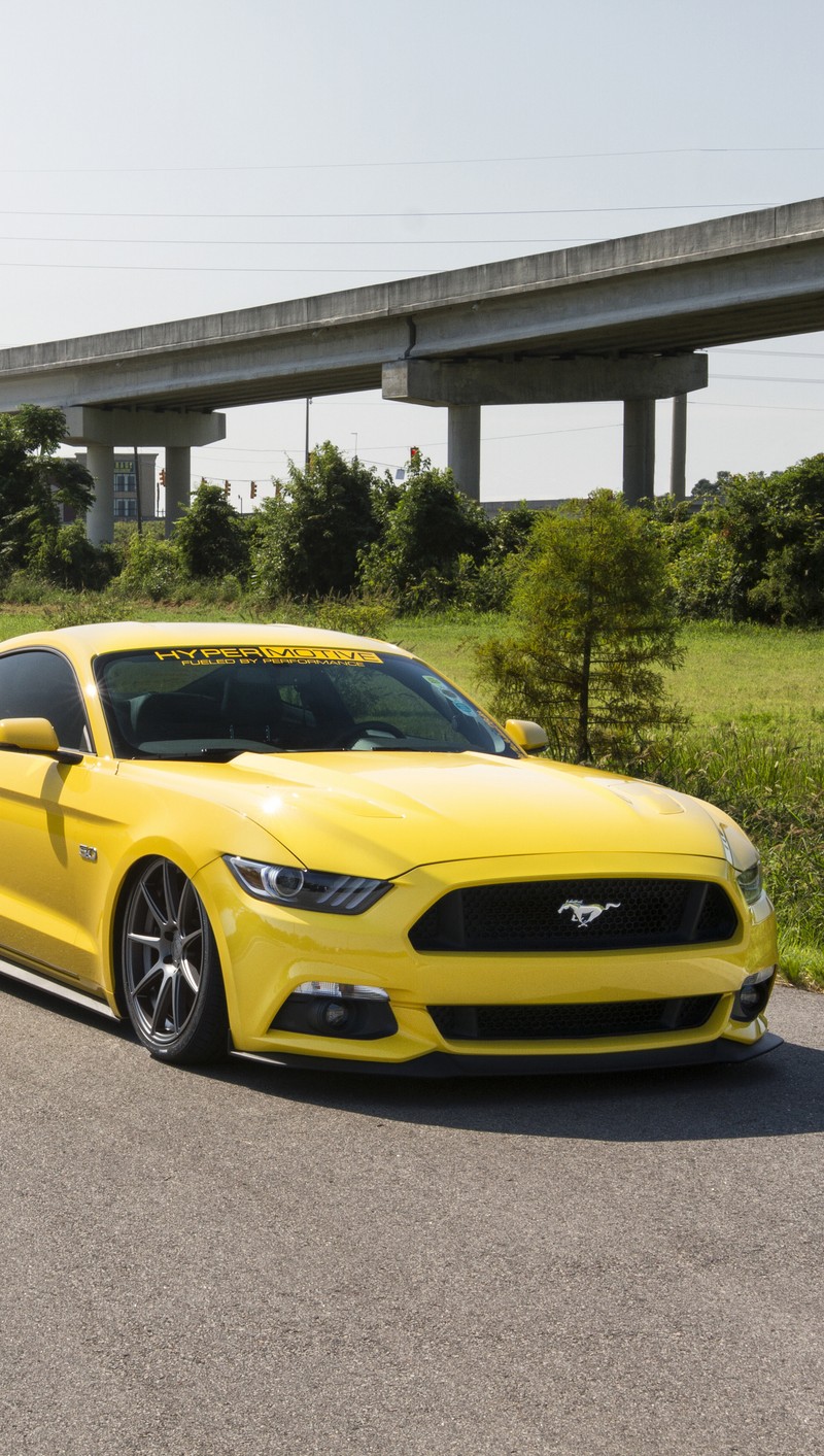 Желтый мустанг припаркован на обочине дороги рядом с мостом (ford, мустанг, mustang, тюнинг, желтый)