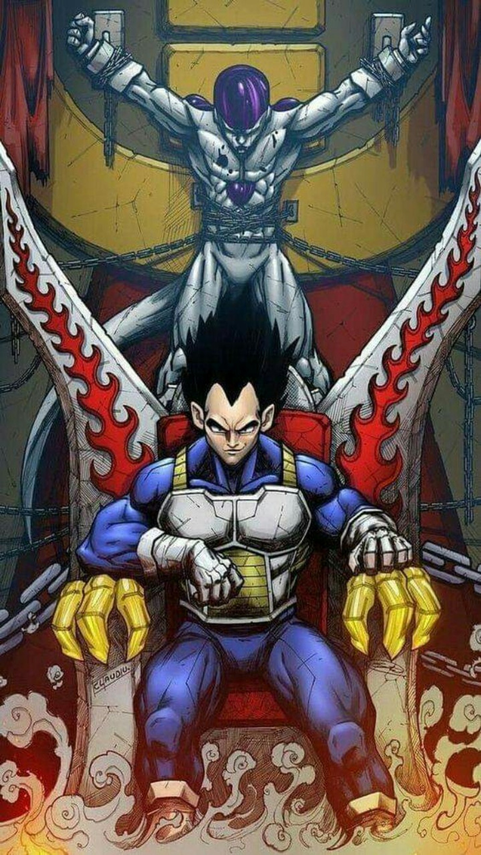 A cartoon of a man sitting on a throne with a sword (ball, dragon, super, vegeta)