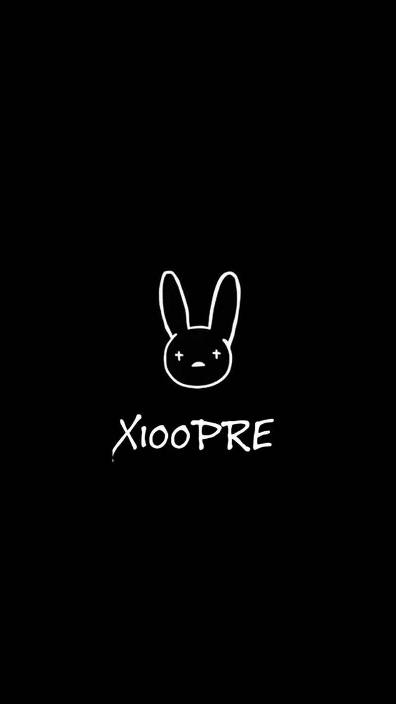 Черный фон с белым лицом кролика и словом xoopre (плохой, плохой кролик, bad bunny, bad bunny x100pre, чёрный)