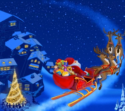 Santa's Sleigh Soaring Through a Starry Night with Gifts and Reindeer