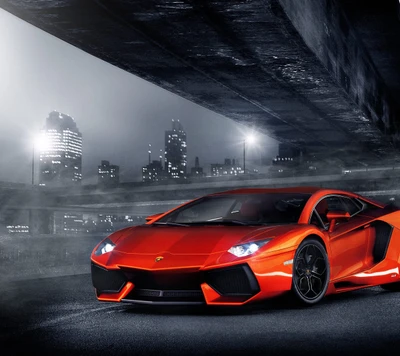 Eleganter orangefarbener Lamborghini Aventador unter Stadtlichtern