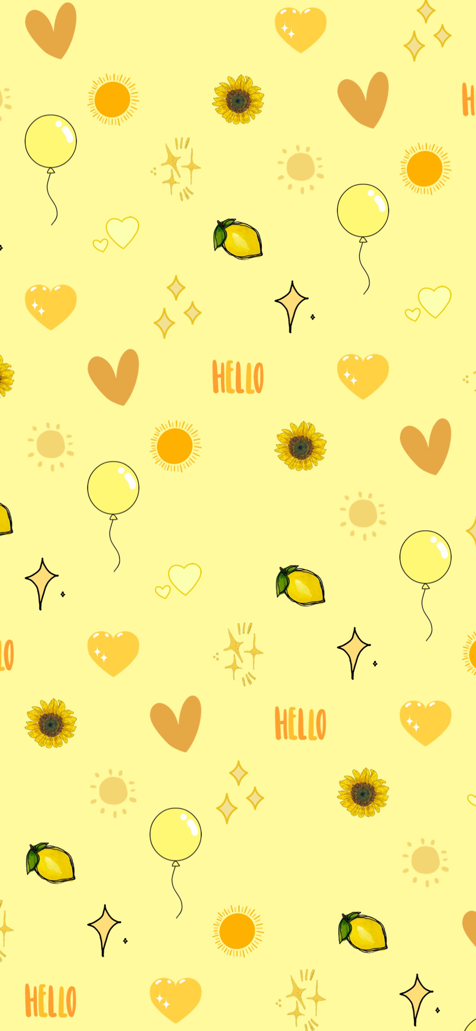 Yellow and orange sunflowers and balloons with hello written on them (balloon, cute, flower, heart, hello)