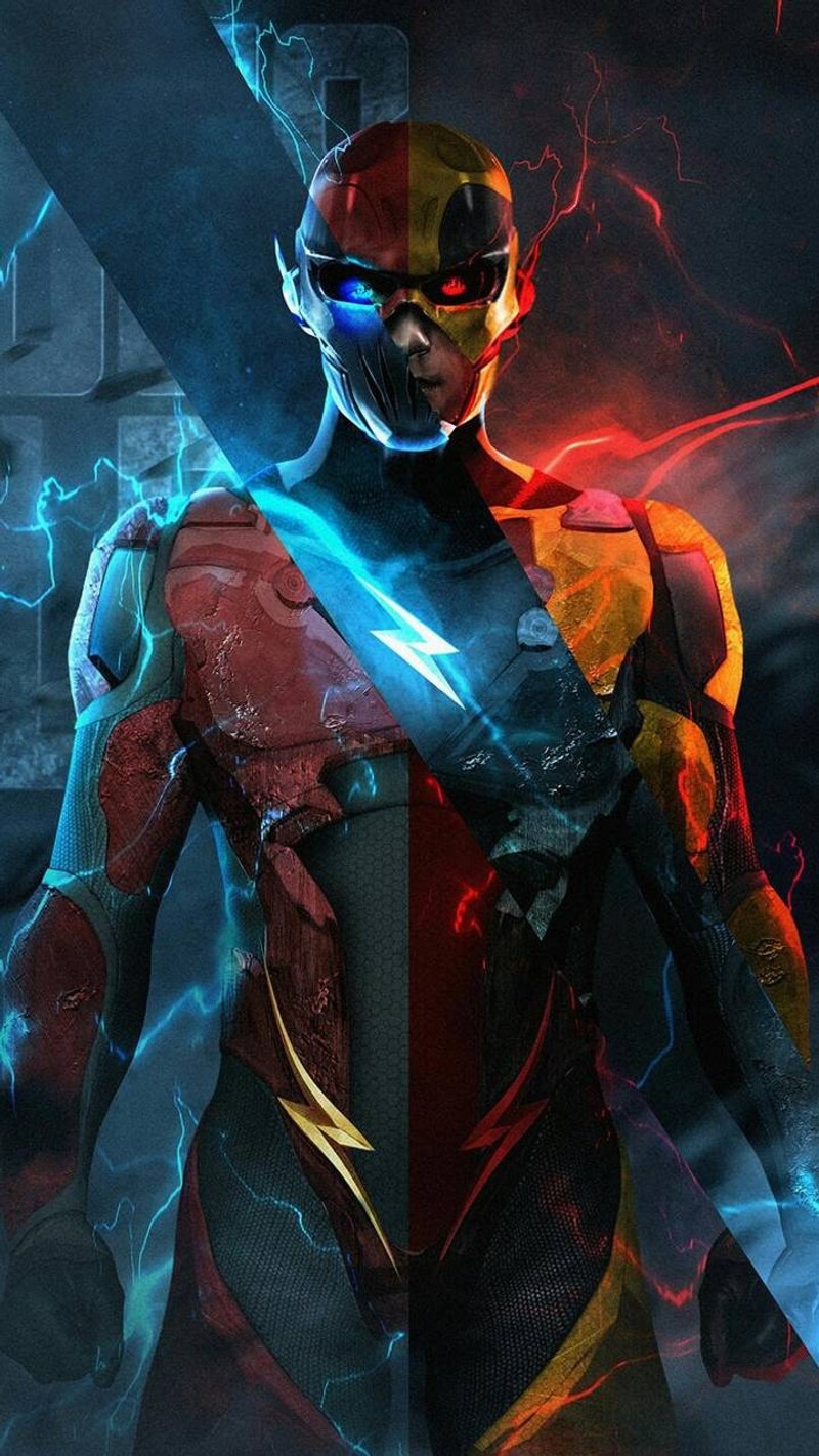 Крупный план мужчины в красно-желтом костюме (reverse flash and zoom, флэш, the flash)