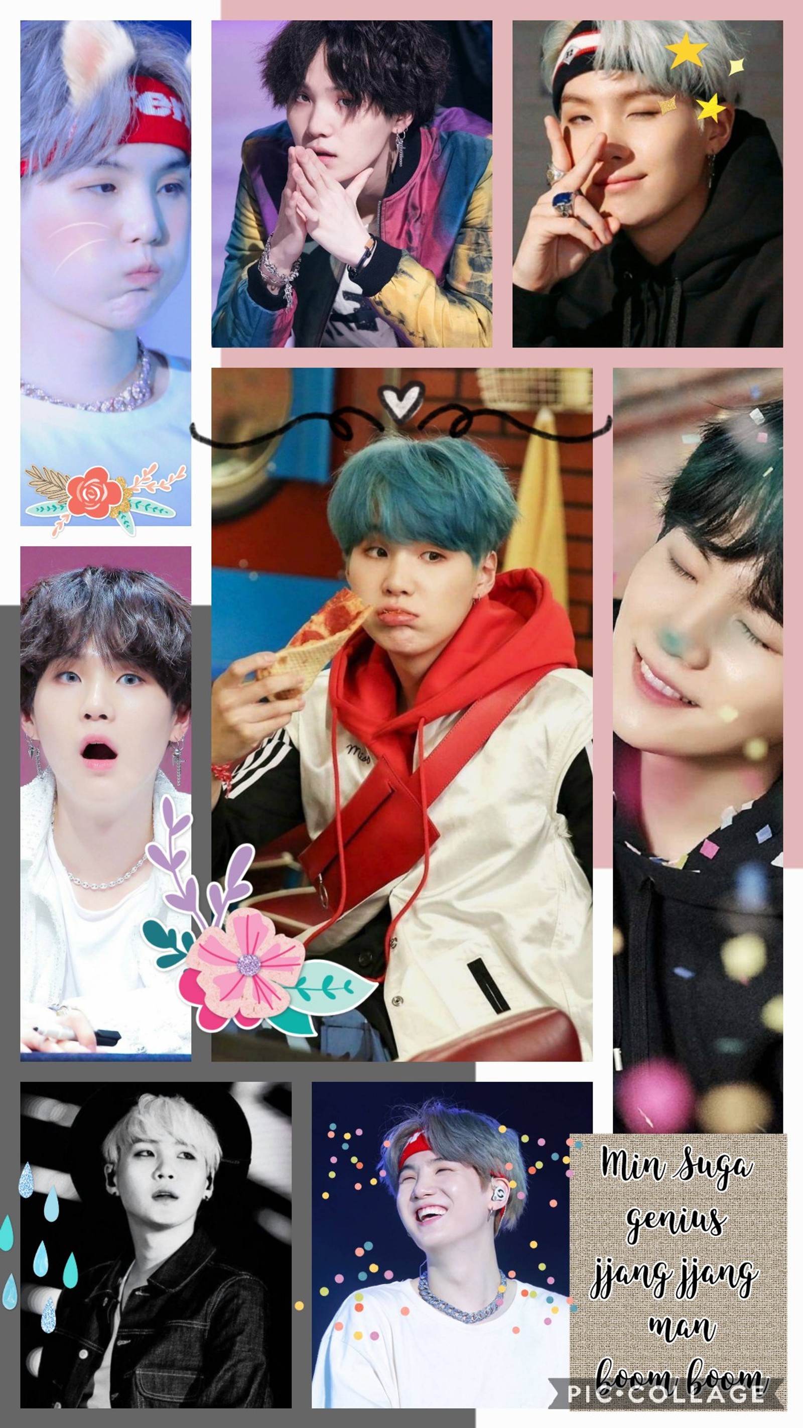 Un collage de photos d'un homme avec des cheveux bleus et une écharpe rose. (bts, suga)