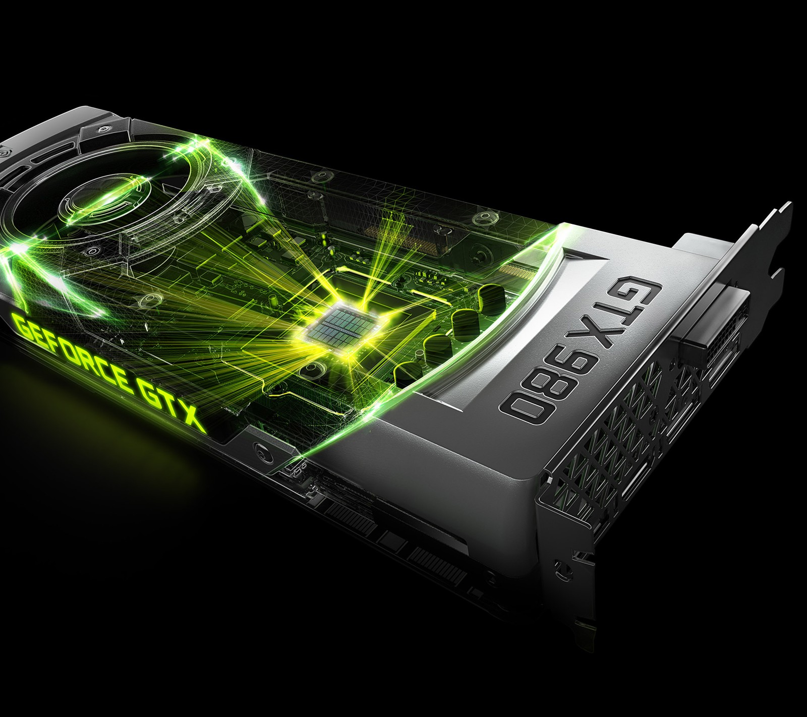 Un gros plan d'une carte graphique avec une lumière verte (980, geforce, grapgics card, gtx, gtx 980)