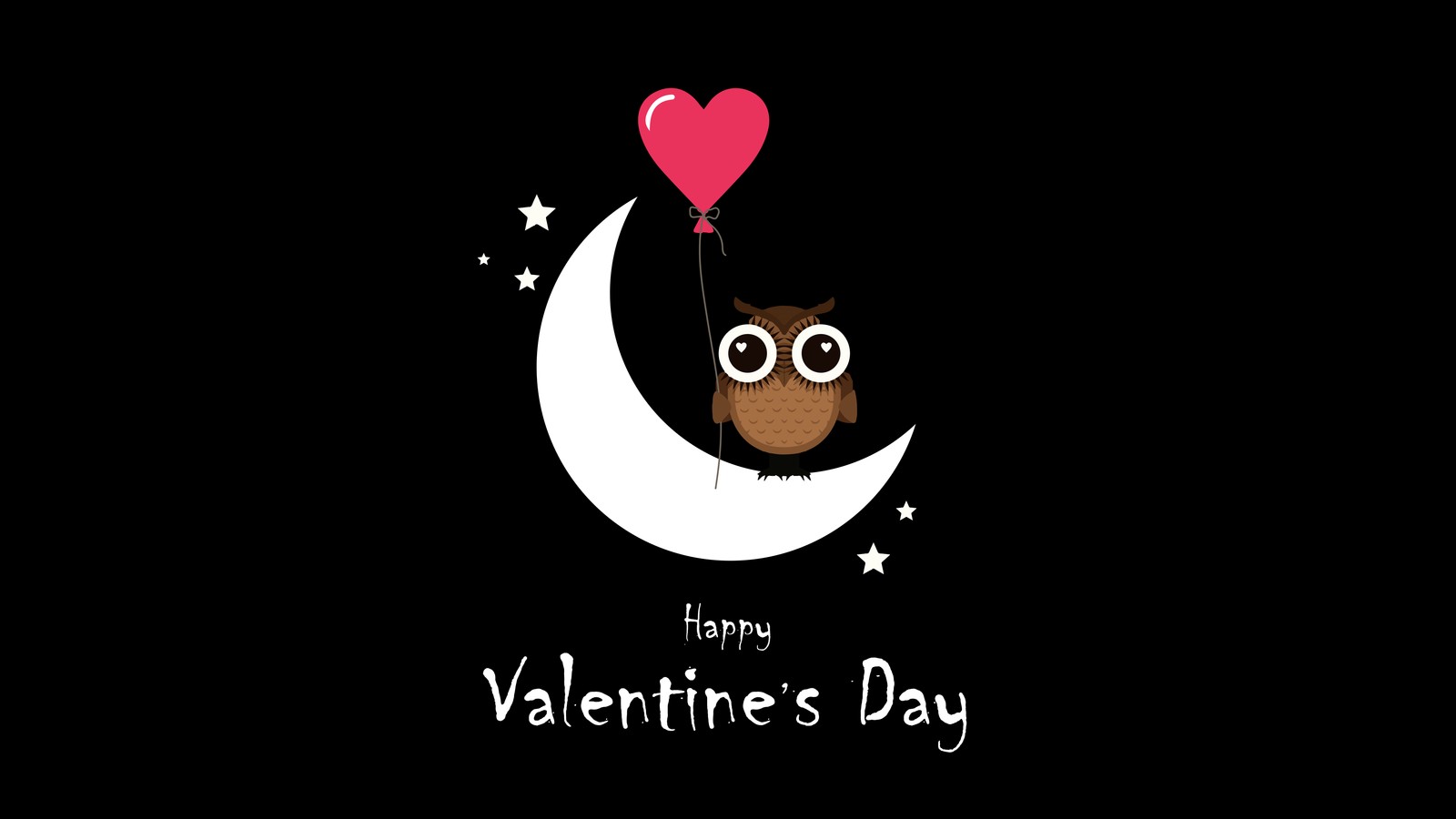 Un fondo negro con un búho de dibujos animados sentado en una media luna con un globo en forma de corazón (feliz día de san valentín, amoled, globo de corazón, corazón rojo, luna creciente)