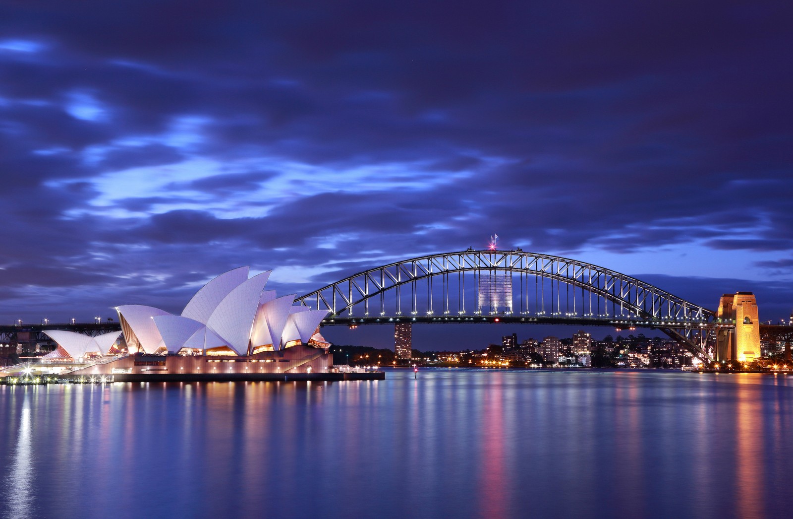 Sydney opera house and harbour bridge at night (sydney harbour bridge, sydney opera house, landmark, water, bridge)