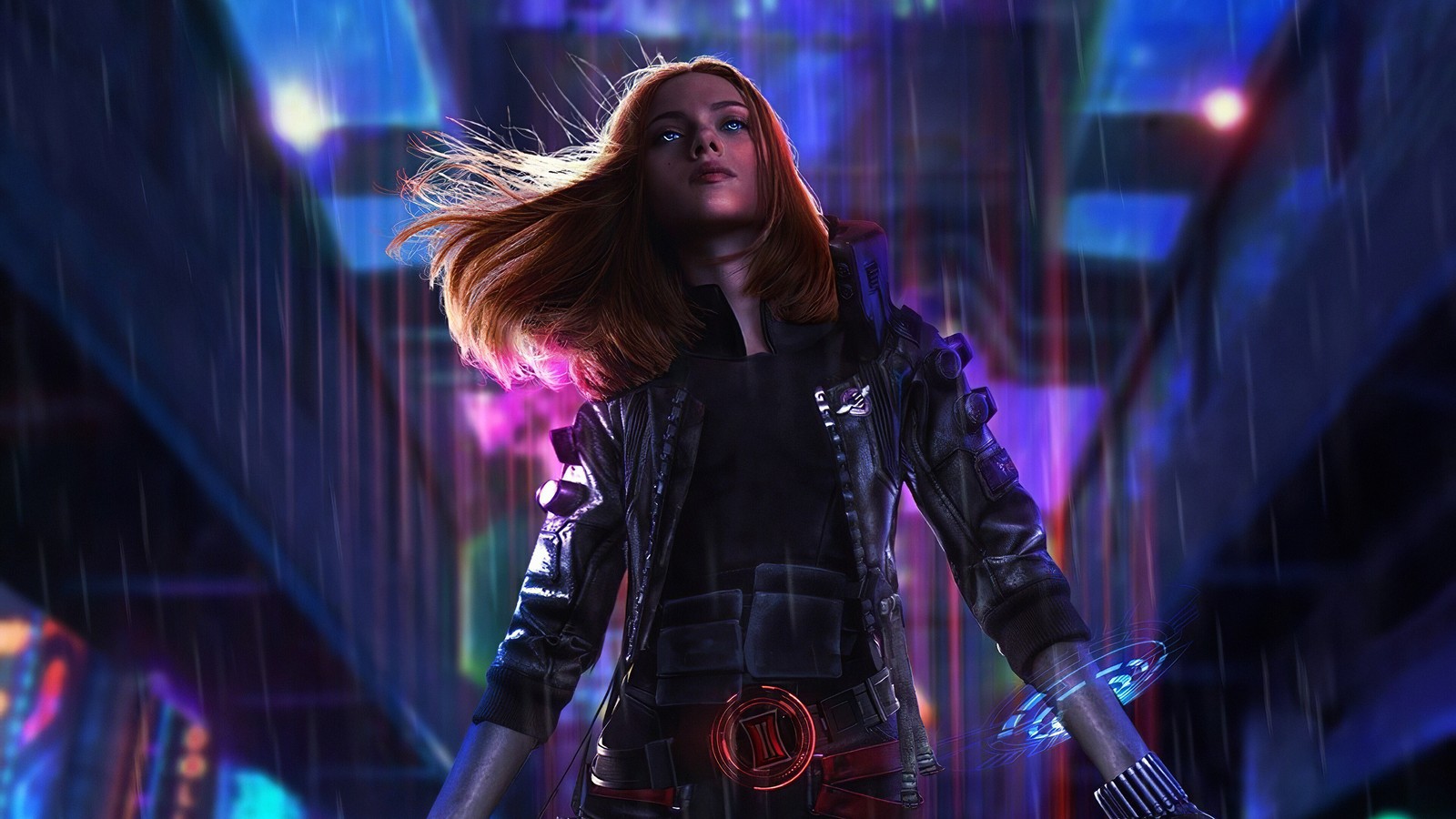 Una mujer con chaqueta negra y guantes rojos de pie bajo la lluvia (viuda negra 2020, black widow 2020, película, natasha romanoff, viuda negra)